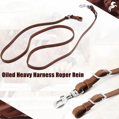 Jeereal Heavy Harness Leather Western Roper Rein,Barrel Reins for Horses, Round Trail Rein,Stainless Steel Hardware,Rich Brown,5/8" x 7'