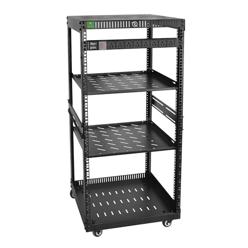 RIVECO 22U Network Rack with Reinforced Top & Bottom Vented Plates - 4 Rolling Wheels Floor Standing for 19" Equipment & Stereo Gear - Including 2PCS Shelves & Rail Mount PDU - size: 22U