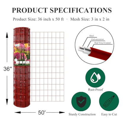 Red PVC Coated Welded Wire Fence 36" x 50' Roll, 2"x3" Mesh, 16 Gauge - color: Red, size: 2''x3'' 16GA 36''x50'