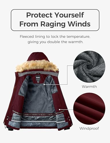 Wantdo Women's Waterproof Ski Jacket Windproof Winter Snow Coat Mountain Snowboarding Jackets Outdoor Fleece Parka - color: Wine Red, size: Small