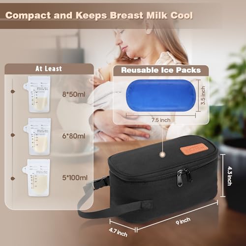 Small Portable Breast Milk Cooler Travel Bag with 2 Ice Packs, TSA Approved, Keeps Frozen Breast Milk Cold 8-10 hrs; fits 5-7 Flat Milk Storage Bags - Diaper Bag Size for Working & Traveling Moms