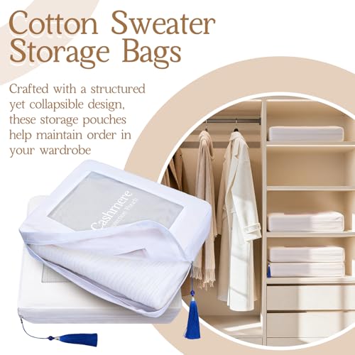 4 Pack Cashmere Protection Pouch, Cotton Sweater Storage Bags with Zippers Tassel and Organza Panel, Moth Proof Breathable Dustproof Clothing Organizer for Wool, Cashmere Lovers Gift（Large） - size: Large