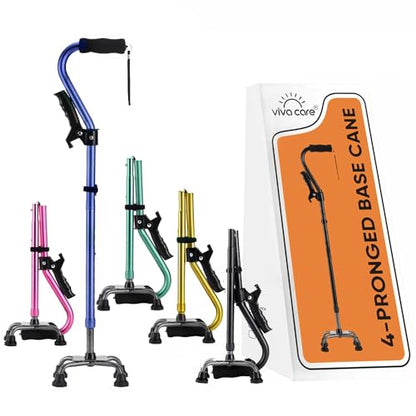 Walking Cane with 4 Prongs and Extra Side Handle – Adjustable, for Balance & Stability for Adults, Seniors, and Injured. - color: Blue