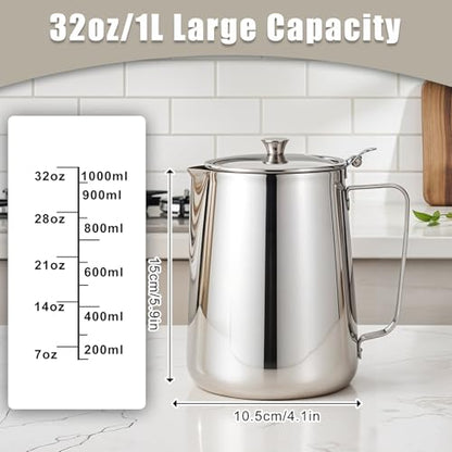 32 oz 304 Stainless Steel Pitcher with Lid, 1 L Large Metal Measuring Cup with Handle, Large Mouth Graduated Beakers, Milk Frothing Jug for Latte Art, Espresso Machines, Tea - size: 33.8 Ounces