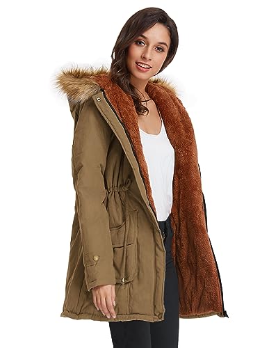 GRACE KARIN Women's Winter Coats Fleece Parkas Anoraks Hooded Military Jacket Coats - color: Camel, size: Medium