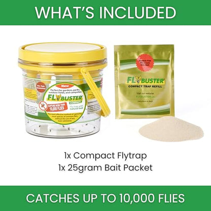 Flybuster Fly Trap | Outdoor Device for Catching Flies | 1-Liter Compact Size | Comes with One Flytrap and 1 Bait Packet | 10,000 Fly Capacity | Non-Toxic | Child & Pet Safe - size: Compact (1-Pack)