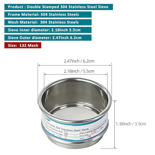 Full 304 Stainless Steel Mesh Sieve Screen, LVDALAB 132 Mesh (0.111mm) Aperture, 2.4inch(6CM) Dia Standard Sample Analysis Test Sieves Sifters Strainer for Industrial Laboratory Homes - size: 132 Mesh(0.111mm)/Ф2.4in(6CM)