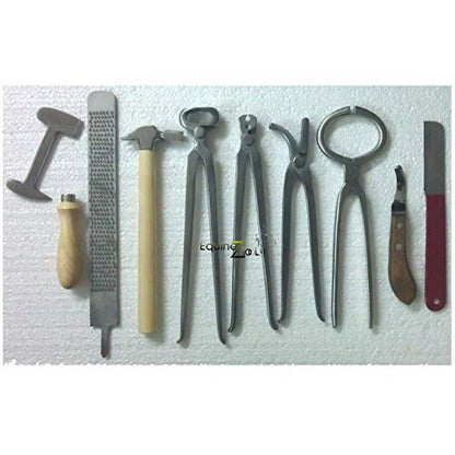 Horse Farrier Tool Kit – 9 Piece Complete Hoof Care Set with Hoof Nippers, Hoof Knife, Rasp, Clincher, Puller, Hammer & Grooming Tools – Professional Equine Hoof Trimming & Shoeing Kit for Farriers