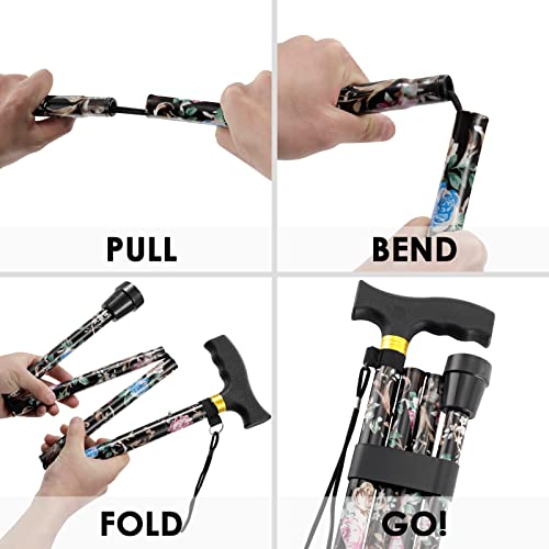 Walking Cane PANZHENG Cane for Man/Woman | Mobility & Daily Living Aids | 5-Level Height Adjustable Walking Stick | Comfortable Plastic T-Handle Portable Walking Stick Folding Cane - color: Cane-Black print