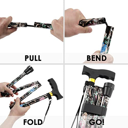 Walking Cane PANZHENG Cane for Man/Woman | Mobility & Daily Living Aids | 5-Level Height Adjustable Walking Stick | Comfortable Plastic T-Handle Portable Walking Stick Folding Cane - color: Cane-Black print