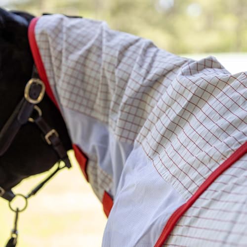 Jeffers Romper Stomper Sweet Itch Fly Sheet for Horses with Detachable Neck 75", Breathable Mesh Cotton Blend Top, UV & Insect Protection Horse Sheet, Lightweight Turnout Rug - White and Red - size: 75"