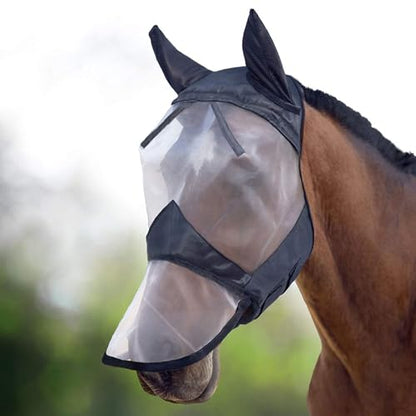 Harrison Howard CareMaster Horse Fly Mask Long Nose with Ears Full Face Black/Silver Retro Medium Cob - color: Black/Silver, size: Cob (Medium)