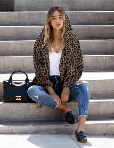 Zilcremo Women Hooded Cardigan Open Front Fuzzy Jacket - color: Leopard, size: Medium