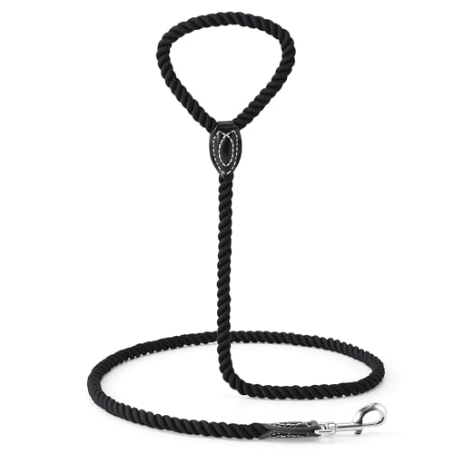 Mile High Life Dog Leash Braided Cotton Rope with Leather-Reinforced Ends - color: Black, size: 48 Inch-1/2"