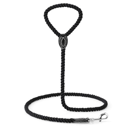 Mile High Life Dog Leash Braided Cotton Rope with Leather-Reinforced Ends - color: Black, size: 60 Inch-1/2"
