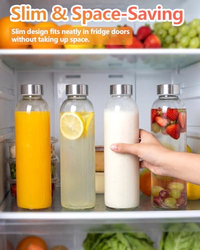 Zukro 24 oz Clear Glass Water Bottles with Stainless Steel Lids, Set of 4