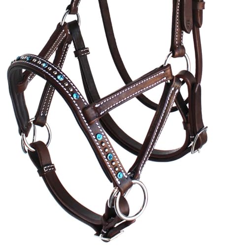 Horse Western Leather Beaded Bitless Sidepull Bridle Reins Rhinestone - color: Brown/Turquoise