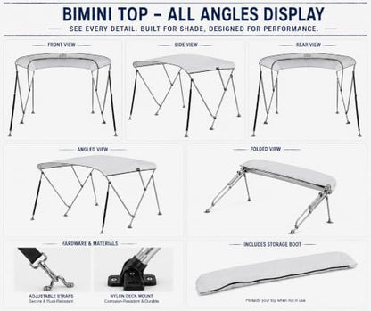 MSC 3 Bow 4 Bow Bimini Top Boat Cover,Waterproof Solution Dyed Polyester Made,2 Support Poles& 4 Adjustable Straps Included - color: Grey