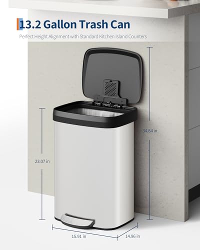 Garvee 13 gal / 50 L Metal Trash Can with Lid, Large Garbage Can for Kitchen, Rustproof Step-on Kitchen Metal Trash Bin with Liner Rim, Rear Handle, Soft Close Plastic Lid, White - color: White, size: 13.2 Gallons