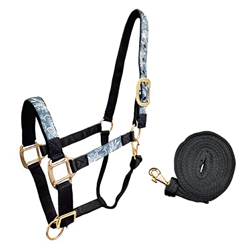 Patterned Nylon Adjustable Horse Halters with Padded Noseband and Matching 10’ Soft Grip Lead Rope with one Year Warranty - color: Paisley and Charcoal