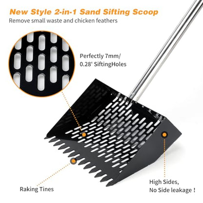 Rypet Chicken Poop Scooper & Rake 2-in-1, 36-74 in Stainless Steel Handle | 10-Inch Sifting Scoop, Sifting Holes with Side Rims, Long Handle Helps Reduce Bending, Rinses Clean, Wall Clip Storage