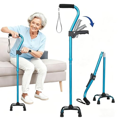 Stand Secure Cane with Stand Up Assist Handle for Elderly, 4 Prong Adjustable Walking Canes for Seniors Women and Men, Non-Slip Wide Base, Aluminum Foldable Stand Cane - color: Light Blue