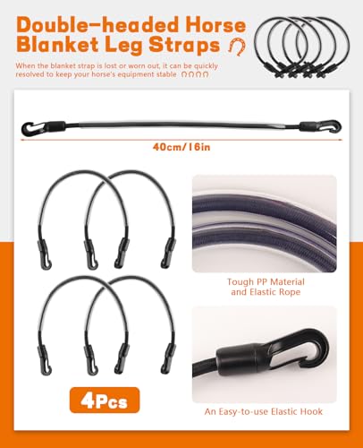 4Pcs Adjustable Elastic Horse Blanket Straps, Stretch Rug Leg Tail Straps w/Double Clips