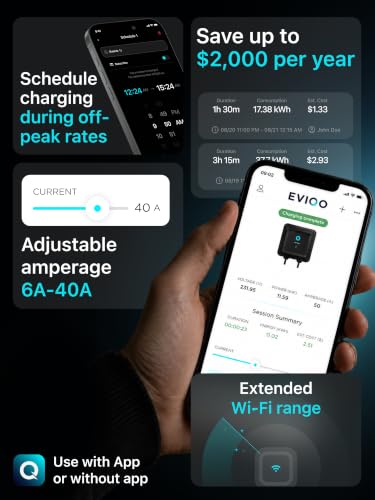 EVIQO Level 2 EV Charger J1772 40A NEMA 14-50 - 240V Wall Charging Station | Plug in, up to 40 mph, 25ft Cable, WiFi (2.4GHz), Smart App, Weatherproof Indoor/Outdoor (IP66, NEMA 4), UL & ETL Certified - size: 40
