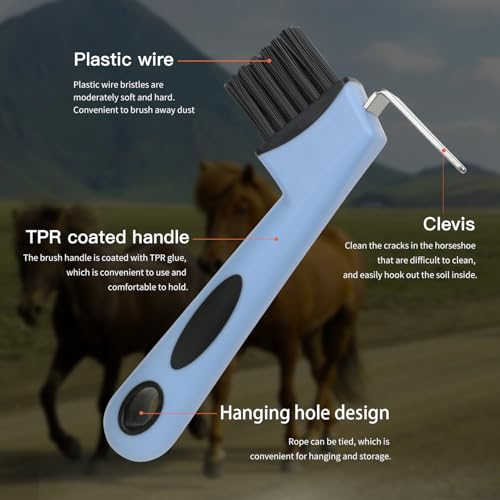 2-in-1 Blue Horse Hoop Pick with Brush Equine Hoop Pick | Metal Pick,PP Bristles,TPR Overmolded Handle,Hangable,Hoof Scraper Brush,Hoop Pick for Horses Cattle Donkey Livestock