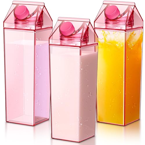 Remerry 3 Pcs Milk Carton Container, Square Acrylic Plastic Clear - color: Pink, size: 34 oz