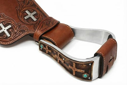 CHALLENGER Horse Western 5" Wide Barrel Racer Aluminum Copper Cross Engraved Show Stirrups 51233