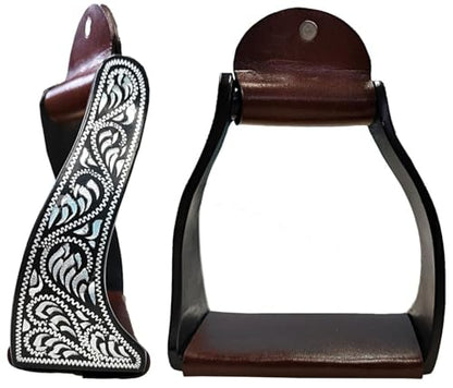 Majestic Ally Western Horse Aluminum Black Engraved Stirrups- Adults - style: Silver Black Twisted