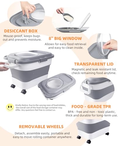 15-23 Lbs Dog Food Storage Container Airtight,Collapsible Pet Food Storage - color: Grey with handle