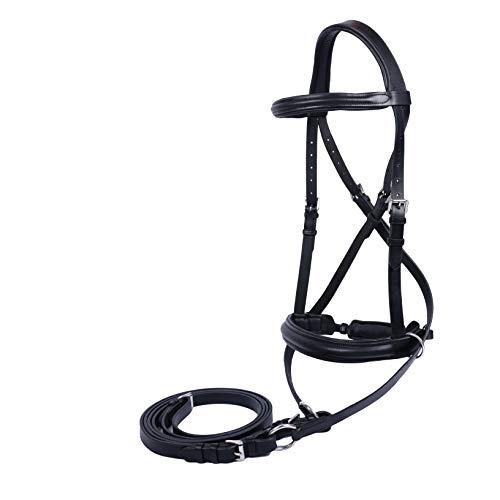 Hulara Genuine English Leather Crossover | Crossunder Bitless Horse Bridle Headstall with Reins - color: Black, size: Pony