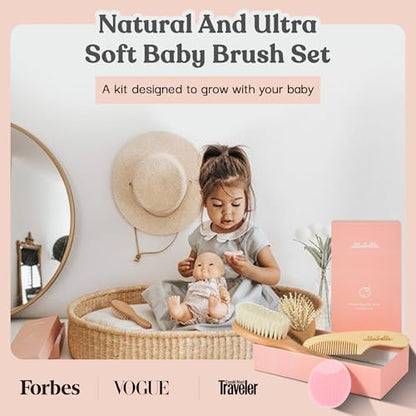 Ullabelle 4 Piece Wooden Baby Hair Brush and Comb Set for Newborns & Toddlers in Chic Gift Box - Ultra Soft Natural Goat Hair and Wood Baby Brush Set Prevents Cradle Cap - Perfect Registry Gift (Pink) - color: Pink