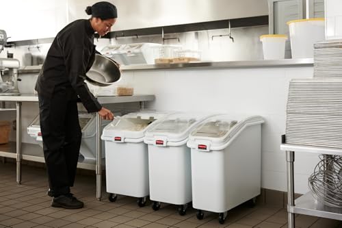 Rubbermaid Commercial Products ProSave Shelf-Storage Ingredient Bin With Scoop, 600-Cup capacity, Plastic, White, Sliding Lid, Container with Wheels for Kitchen/Restaurant Food Organization - size: 600 Cup