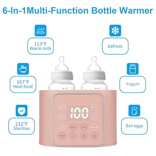 Baby Bottle Warmer 9-in-1 Multifuntion Breast Milk Warmer, Fast Baby Food Heater & Defrost Warmer with Timer for Twins, LCD Display Accurate Temperature Adjustment, 24H Constant Mode (Rose) - color: Pink