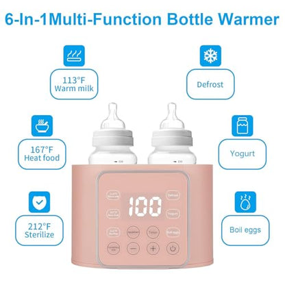 Baby Bottle Warmer 9-in-1 Multifuntion Breast Milk Warmer, Fast Baby Food Heater & Defrost Warmer with Timer for Twins, LCD Display Accurate Temperature Adjustment, 24H Constant Mode (Rose) - color: Pink