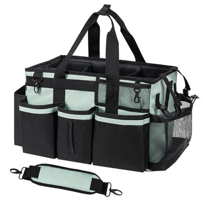 SCAVATA Wearable Cleaning Caddy, Cleaning Caddy Supplies Organizer with Handle & Shoulder Straps for Housekeepers, Under Sink & Car Cleaning Tool Organizers Bag with 4 Foldable Divider (Celadon) - color: Celadon
