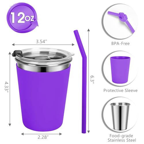 Stainless Steel Kids Cups with Lids, 12oz Spill Proof Cups, 2 Pack - color: Pink, Purple