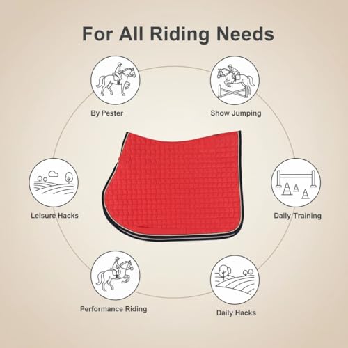Premium English Horse Saddle Pad, Quilted Square Design, Available in Pink, Mint Green and Red etc, All-Purpose with Girth Straps (Red) - color: Red