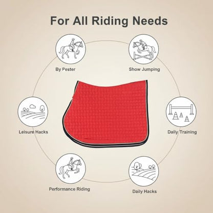 Premium English Horse Saddle Pad, Quilted Square Design, Available in Pink, Mint Green and Red etc, All-Purpose with Girth Straps (Red) - color: Red