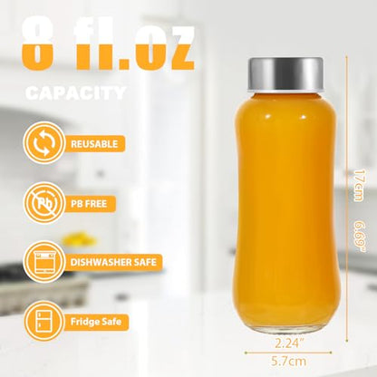 Danmu Glass Juice Bottles with Lids 8 oz,6 Pack | Juicing Bottles Reusable Glass,Stainless Steel Lids,Dishwasher Safe,Leakproof,Fridge Safe,Compact Size & Easy Grip,Portable - size: 8 fl.oz