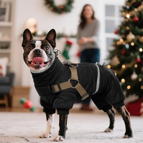 BRKURLEG Black Dog Coat with Harness, Dog Winter Jacket, Dogs Onesie Body Warm Jackets, Small Dogs Winter Coats Reflective Windproof Warm Cold Weather Coats, Pet Waterproof Jacket Hiking S - color: Black, size: Small
