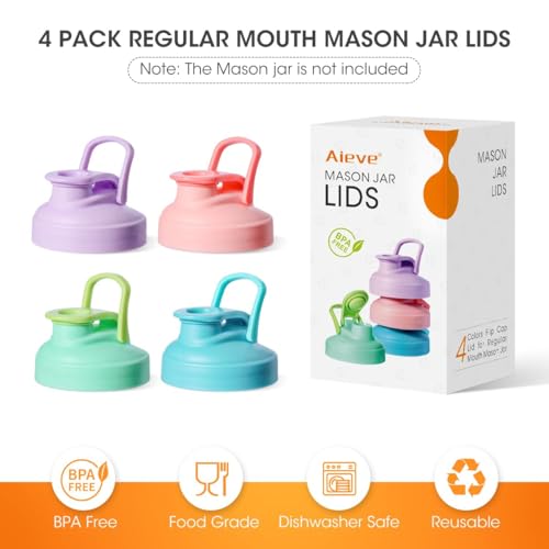 AIEVE Mason Jar Pour Spout Lid, 4 Pack Regular Mouth Mason Jar Lids with Flip Top,Reusable and Leak-Proof Plastic Canning Pitcher Lids tor Milk, Coffee, Juice, Lemonade,Colorful(Jars not Included) - size: 4 Pcs Regular Mouth Lids