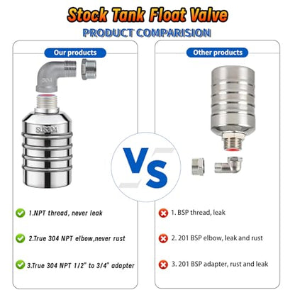 2-Pack NPT 1/2" Float Valve, Leak-Proof 304 Stainless Steel Automatic Water Level Control Float Valve with 1/2" 3/4" Premium 304 SS Connections for Water Trough Fish Tank Pool Livestock