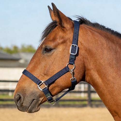 Heavy Duty Soft Nylon Horse Halter, Padded and Adjustable, Chin and Throat Snap Hook Halters for Horses, Heavy-Duty Metal Buckle - color: Dark Blue