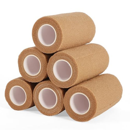 6 Rolls Elastic Self Adhesive Bandage Wrap 4 Inch, Breathable Non Woven Cohesive Bandage, Vet Wrap for Dogs, Ankle Sprains Swelling Medical First Aid Tape, Sports Athletic Tape Brown - color: 4 Inch-6 Count Brown