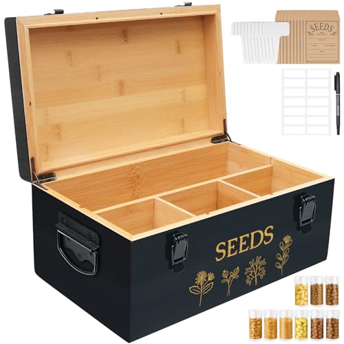 Large Bamboo Wood Seed Storage Organizer Box with Lid, Double-Layer Seal Design Seed Saving Box with Premium Coated Safety Lock, Handles, Extra Seed Envelopes and Labels, Great Gifts for Gardener - color: 3.Black(Large)