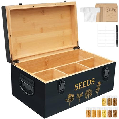Large Bamboo Wood Seed Storage Organizer Box with Lid, Double-Layer Seal Design Seed Saving Box with Premium Coated Safety Lock, Handles, Extra Seed Envelopes and Labels, Great Gifts for Gardener - color: 3.Black(Large)